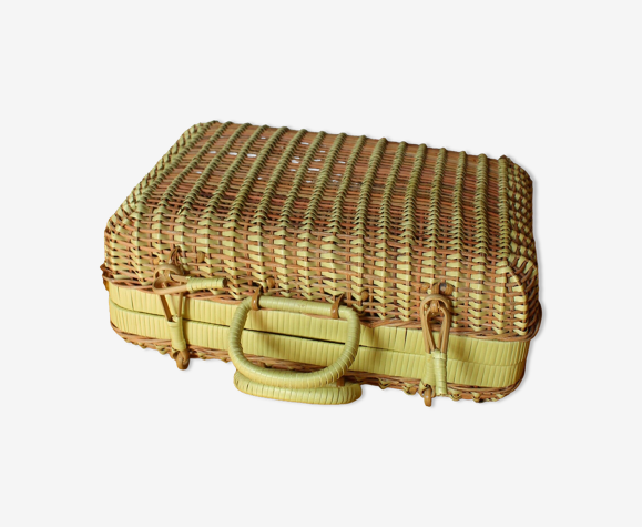 Valise en osier vintage jaune