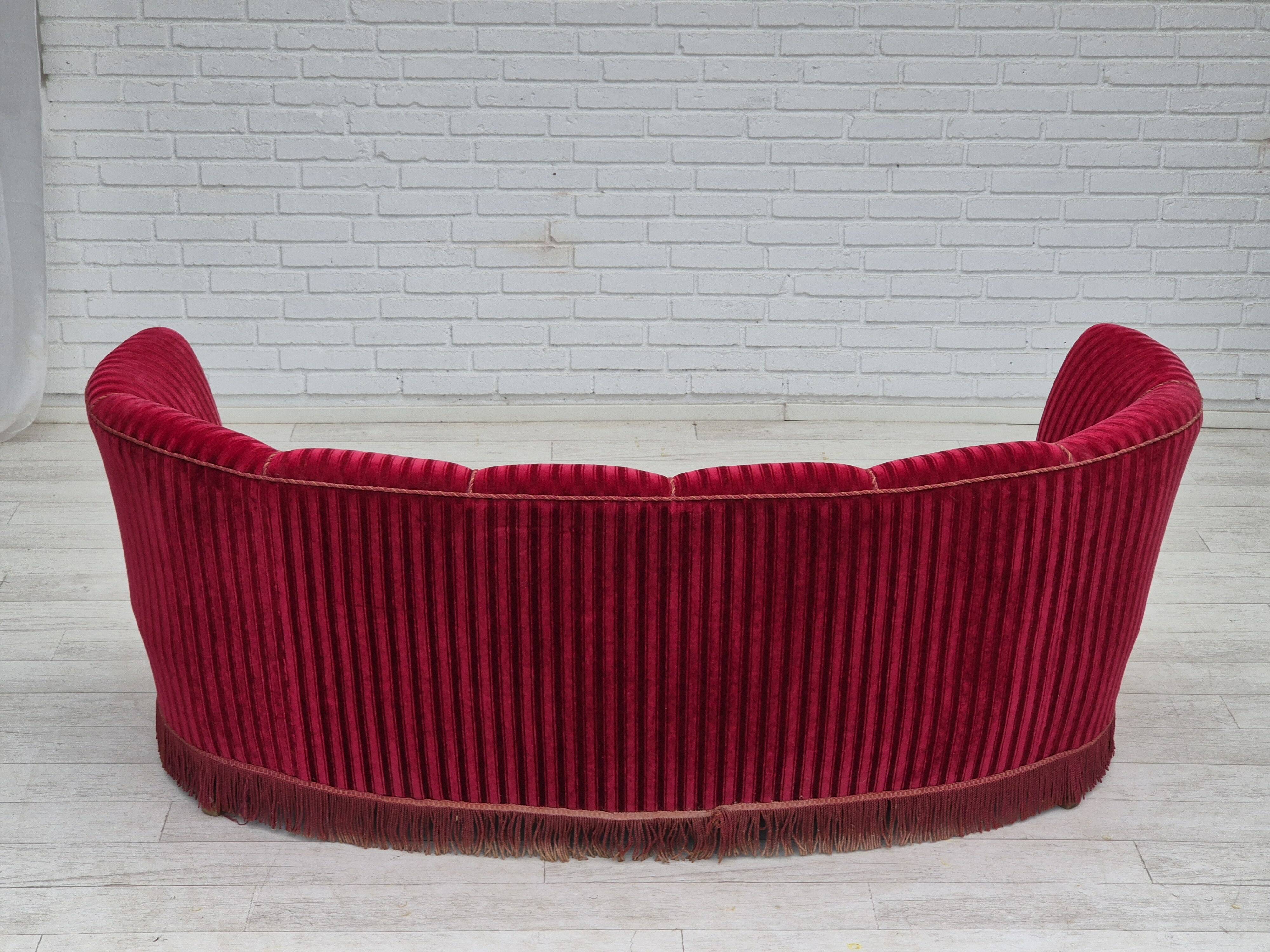 1960s, Danish 3-seater "Banan" sofa, original cherry-red furniture velour.