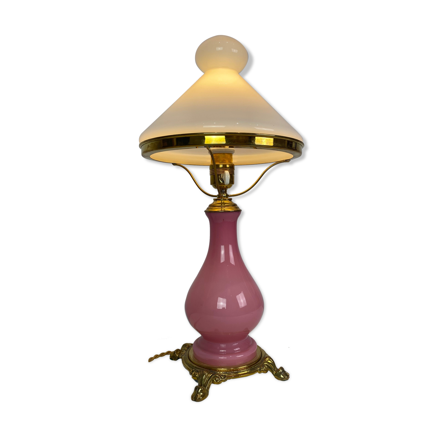 Table lamp with frame of pink opaline glass Funen's glassworks, 1930s