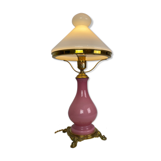 Table lamp with frame of pink opaline glass Funen's glassworks, 1930s