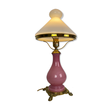 Lampe de table avec cadre en verre opalin rose Funen’s glassworks, années 1930