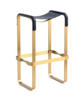 Contemporary Bar Stool Metal Aged Brass Natural Tobacco Leather
