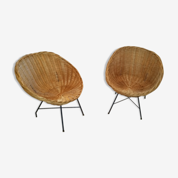 Pair of shell armchairs in rattan 1950