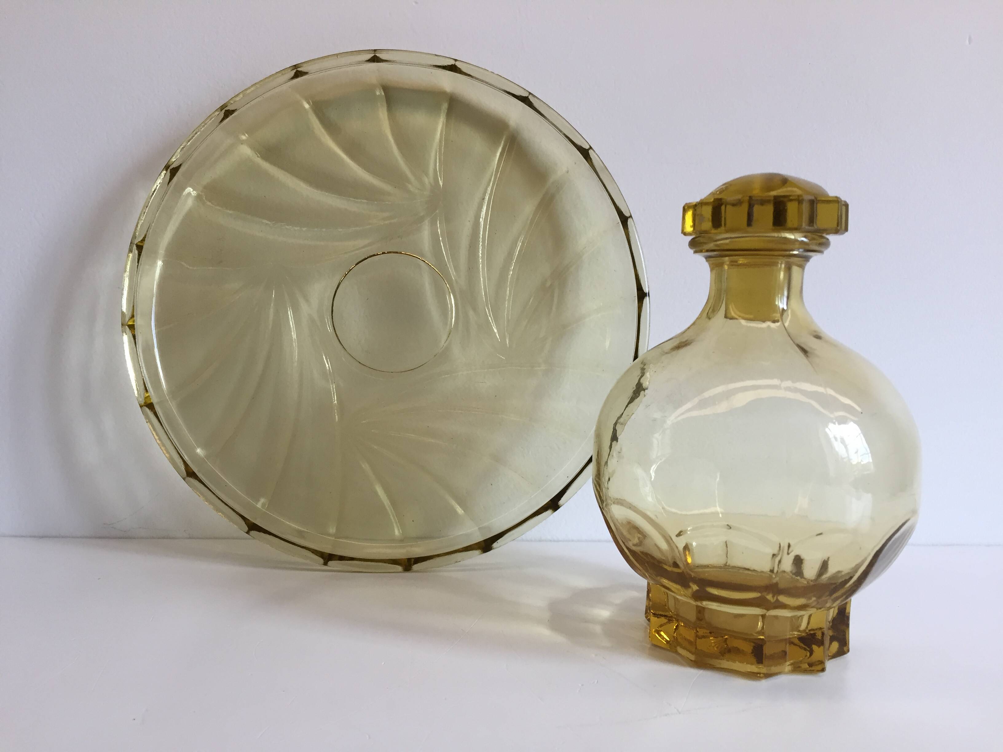 ART DECO Tray and Carafe Amber Yellow Glass