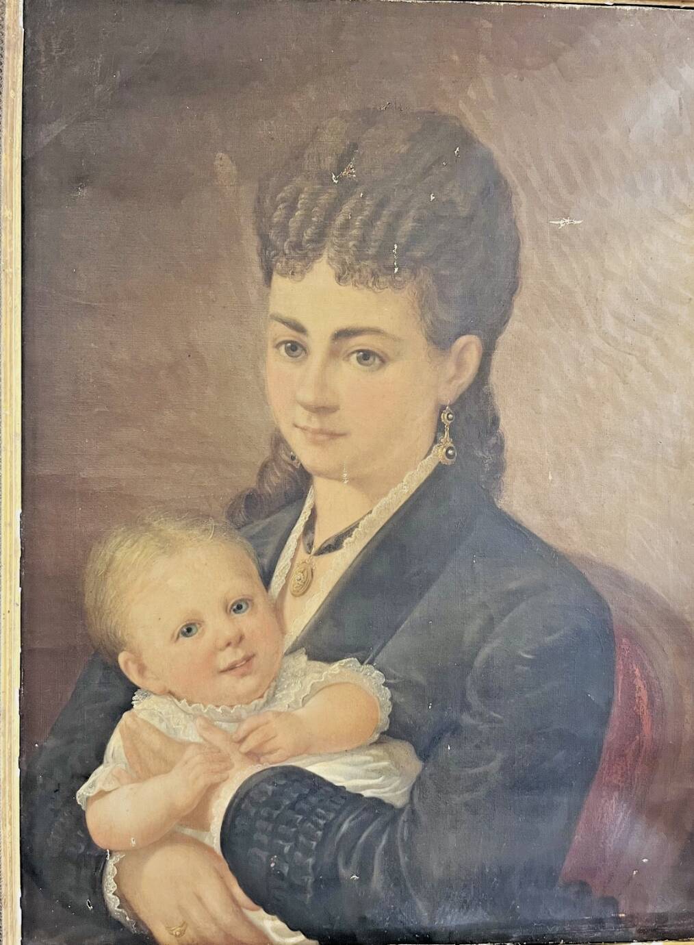 Oil painting on canvas – Portrait of a woman and child, 19th century
