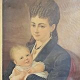 Oil painting on canvas – Portrait of a woman and child, 19th century