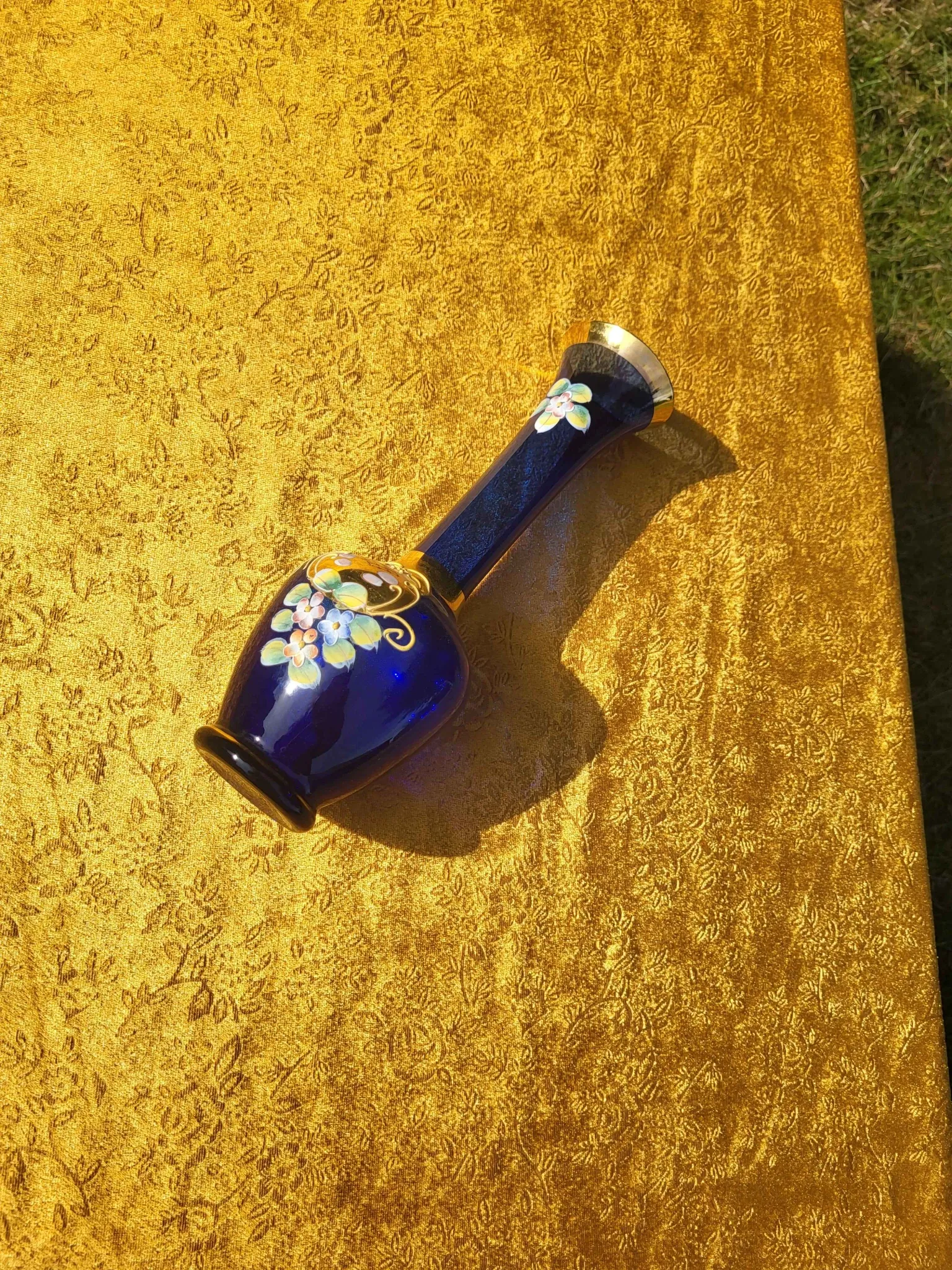 Vintage Bohemian Cobalt Blue Glass Bud Vase | 24K Gold Gilt & Hand-Painted