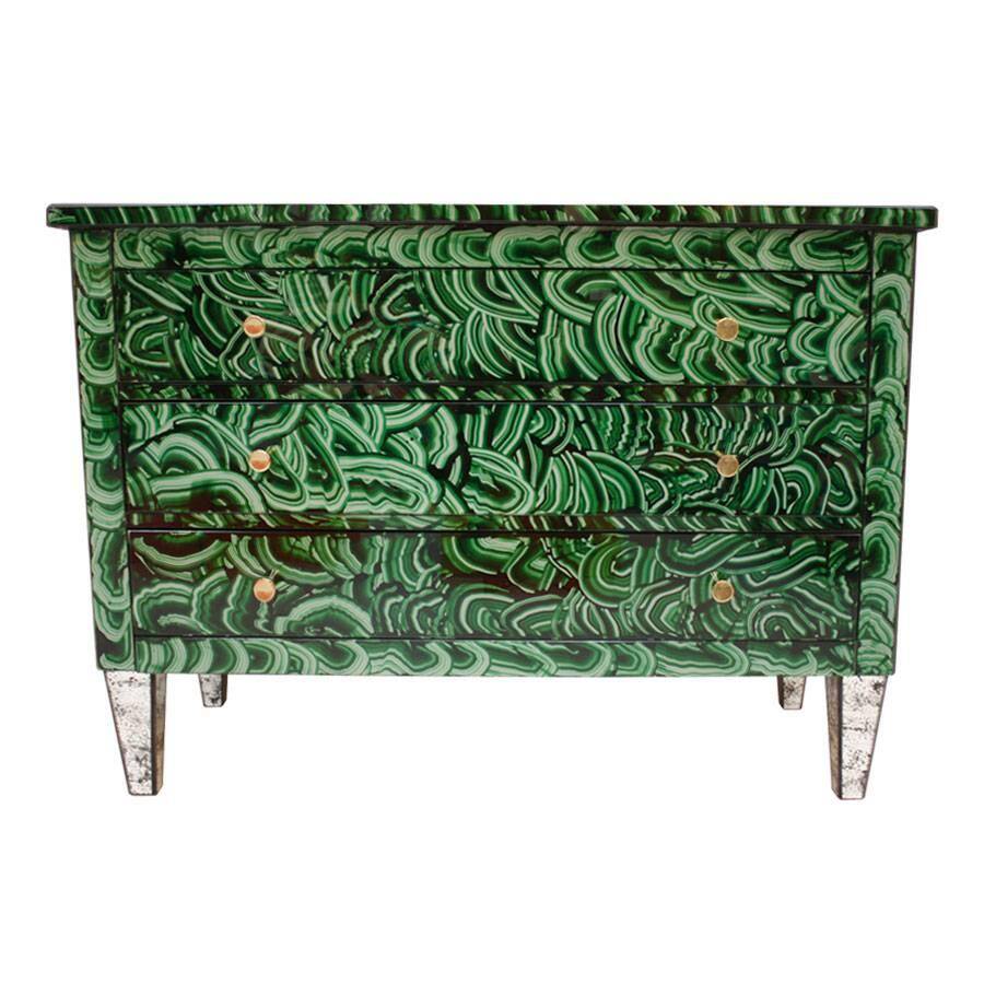 Mid-Century Modern Style Green-Malachite Colored Glass Italian Chest of Drawers
