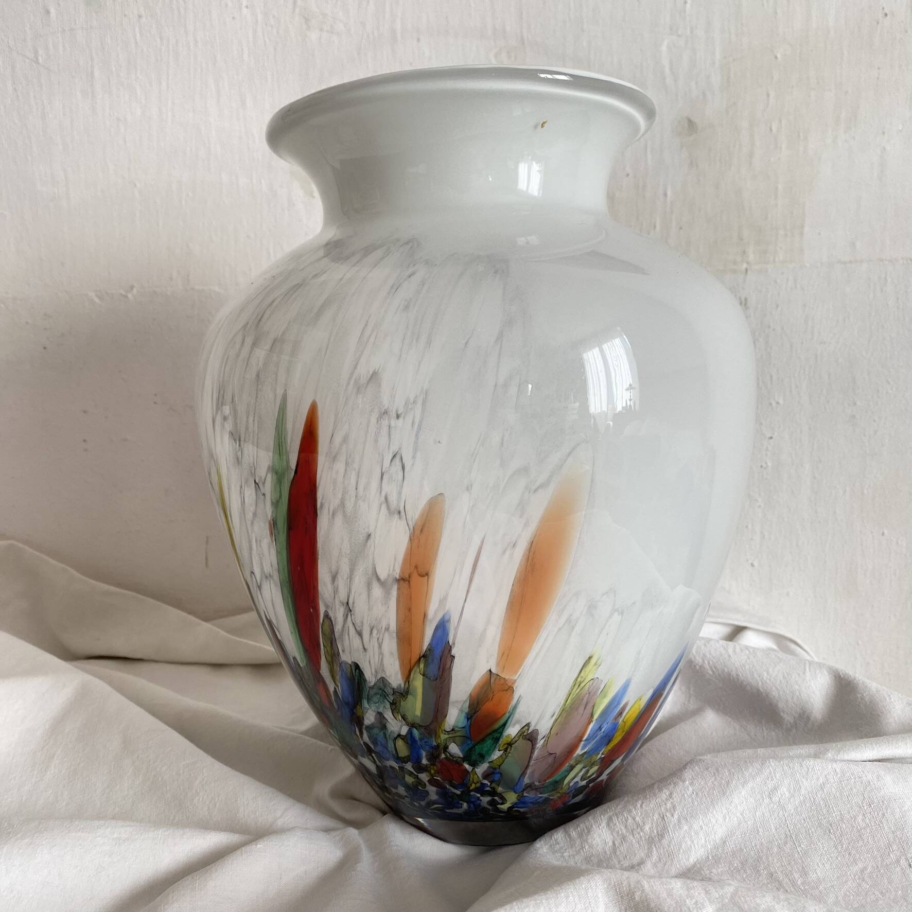 Large blown glass vase with polychrome inclusions in the Murano style.