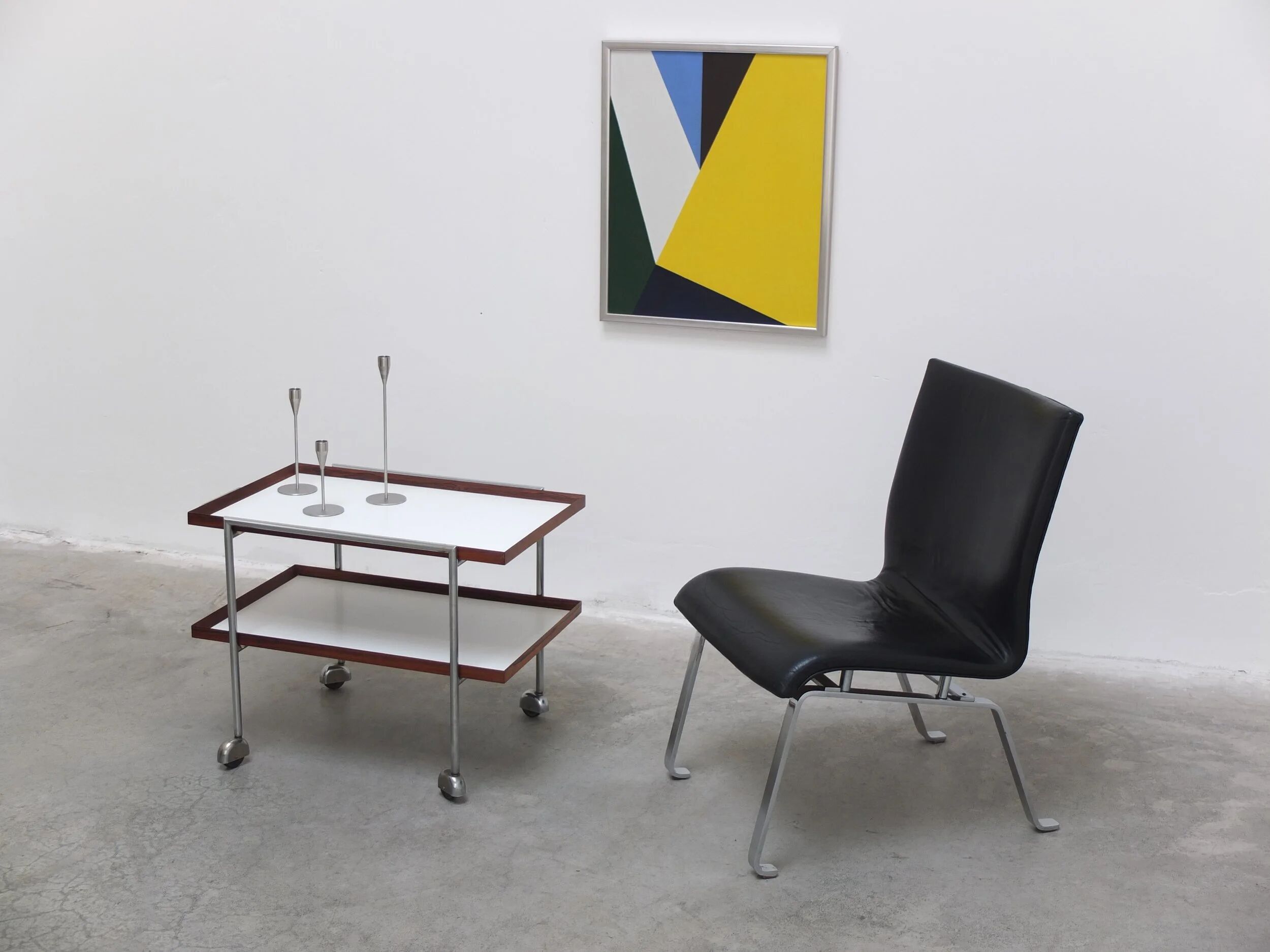 Unique black leather & steel modernist lounge chair, 1960s