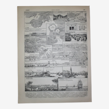 Lithographie • Port ancien 1, bateau, commerce • Gravure originale de 1898