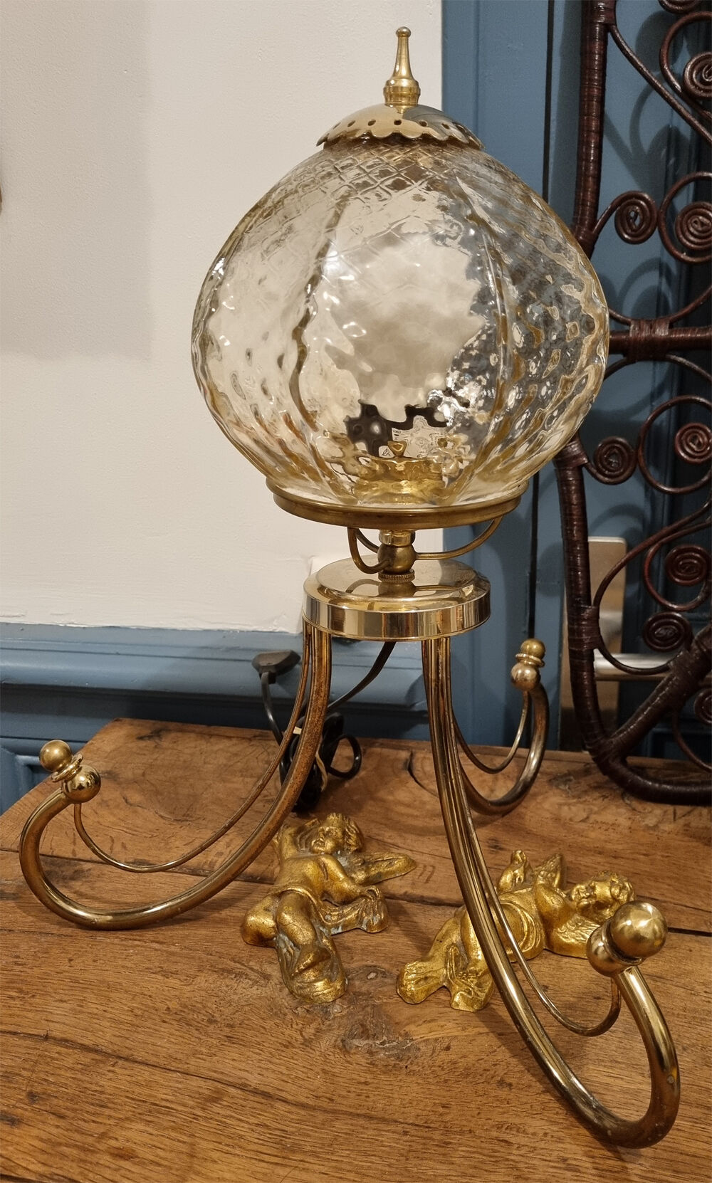 Table lamp, tripod, golden brass, vintage, 50s