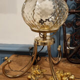 Table lamp, tripod, golden brass, vintage, 50s