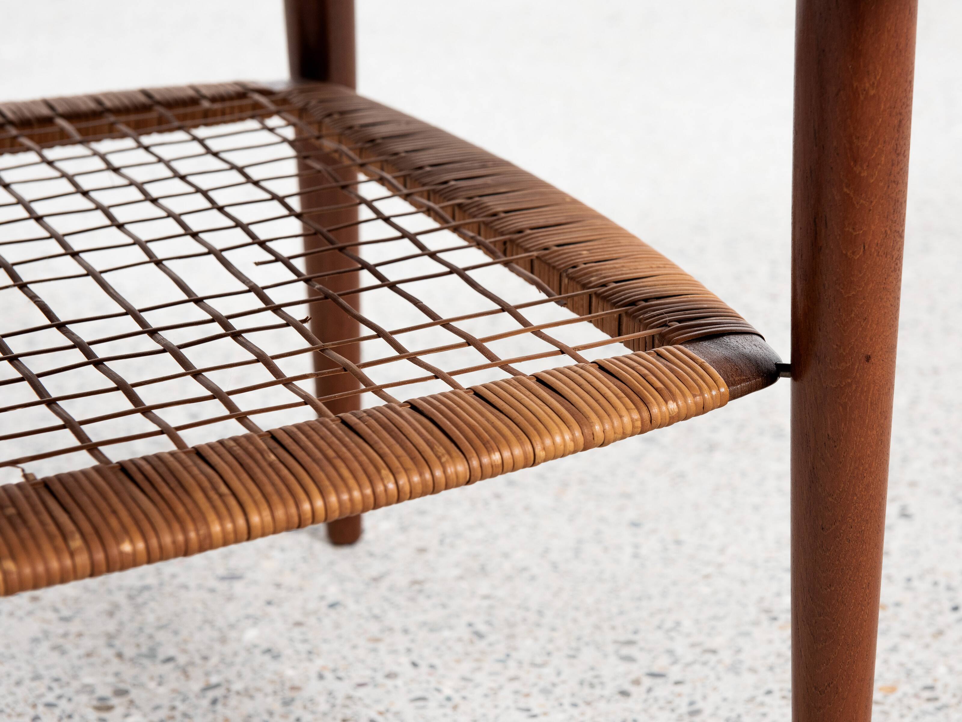 Midcentury Danish round coffee table in teak and cane by Johannes Andersen for Silkeborg 1960s
