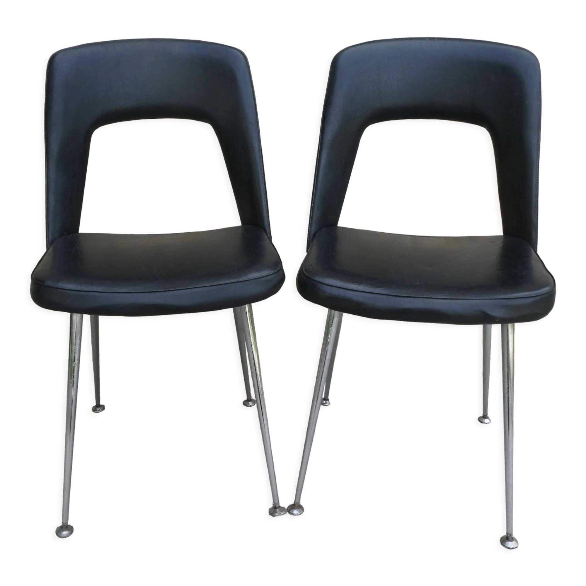 Pair of office chairs in chromed metal and skaï, 60s