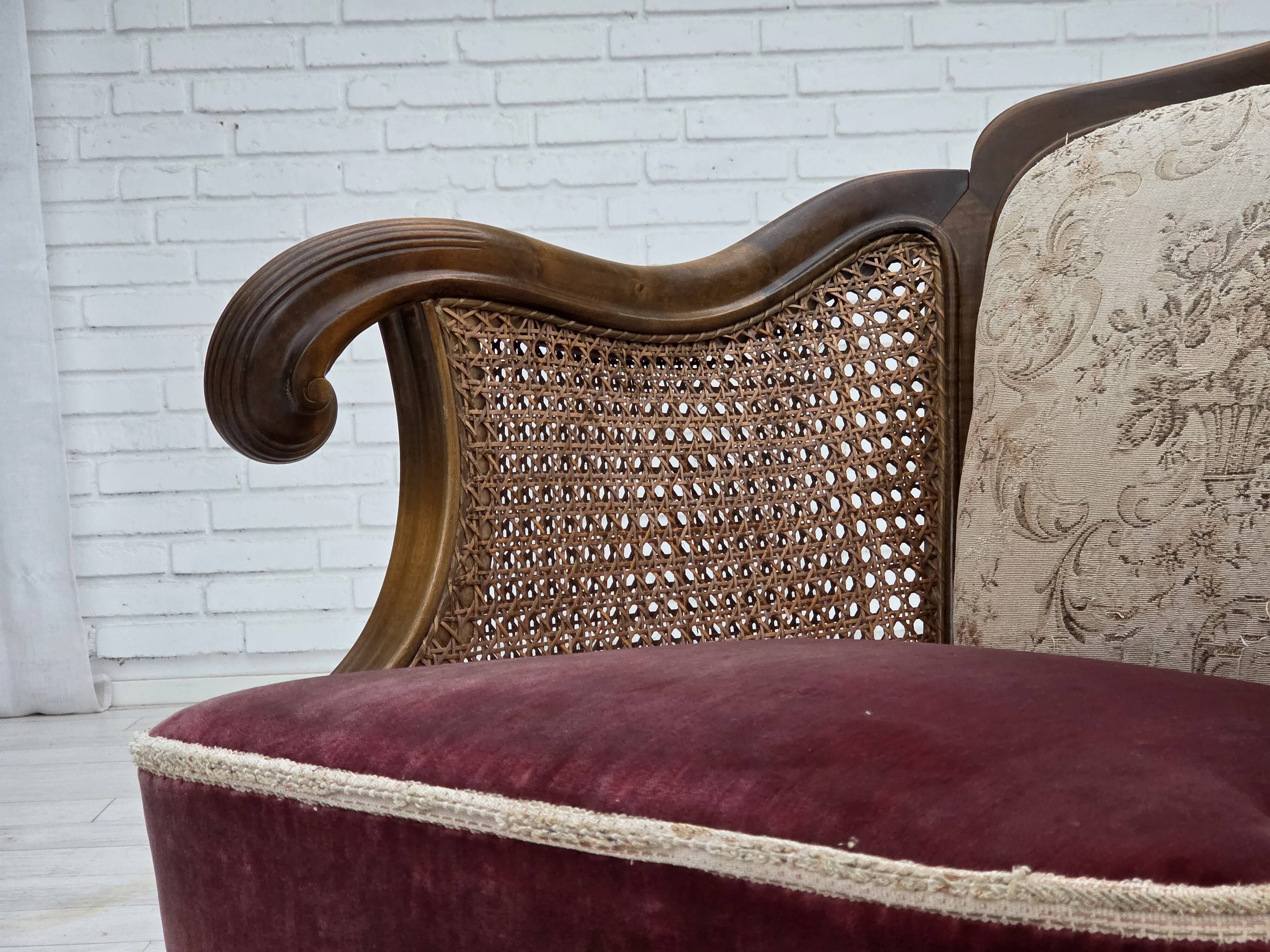 1940s, Danish armchair, woven wool, velour, mesh, carved oak wood.