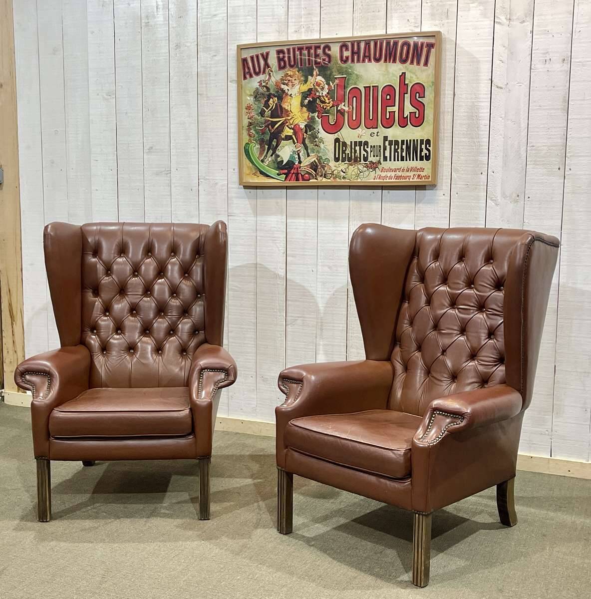 Pair of 1970s Chesterfield wingback chairs in brown leather