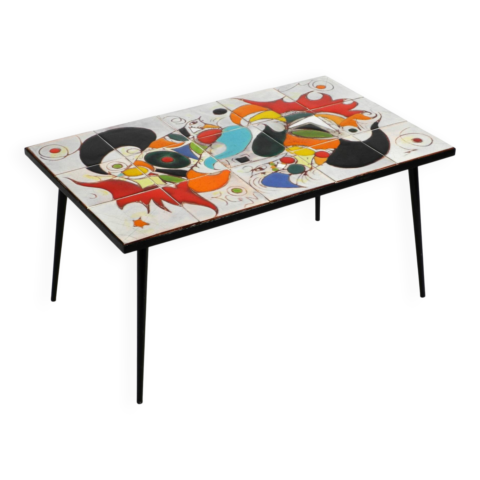 Mid Century Italian Modern Iron Table with Tiled Top and Abstract Motif