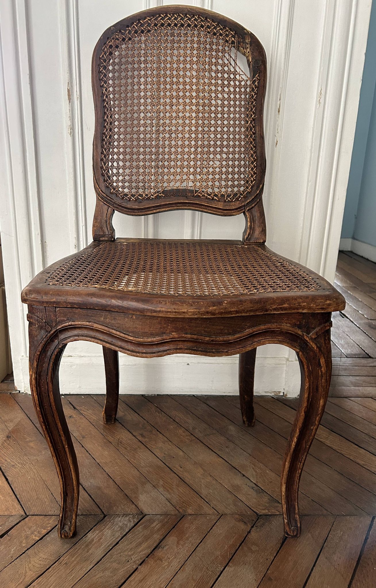 Antique Louis XV chair – molded natural wood / cane base
