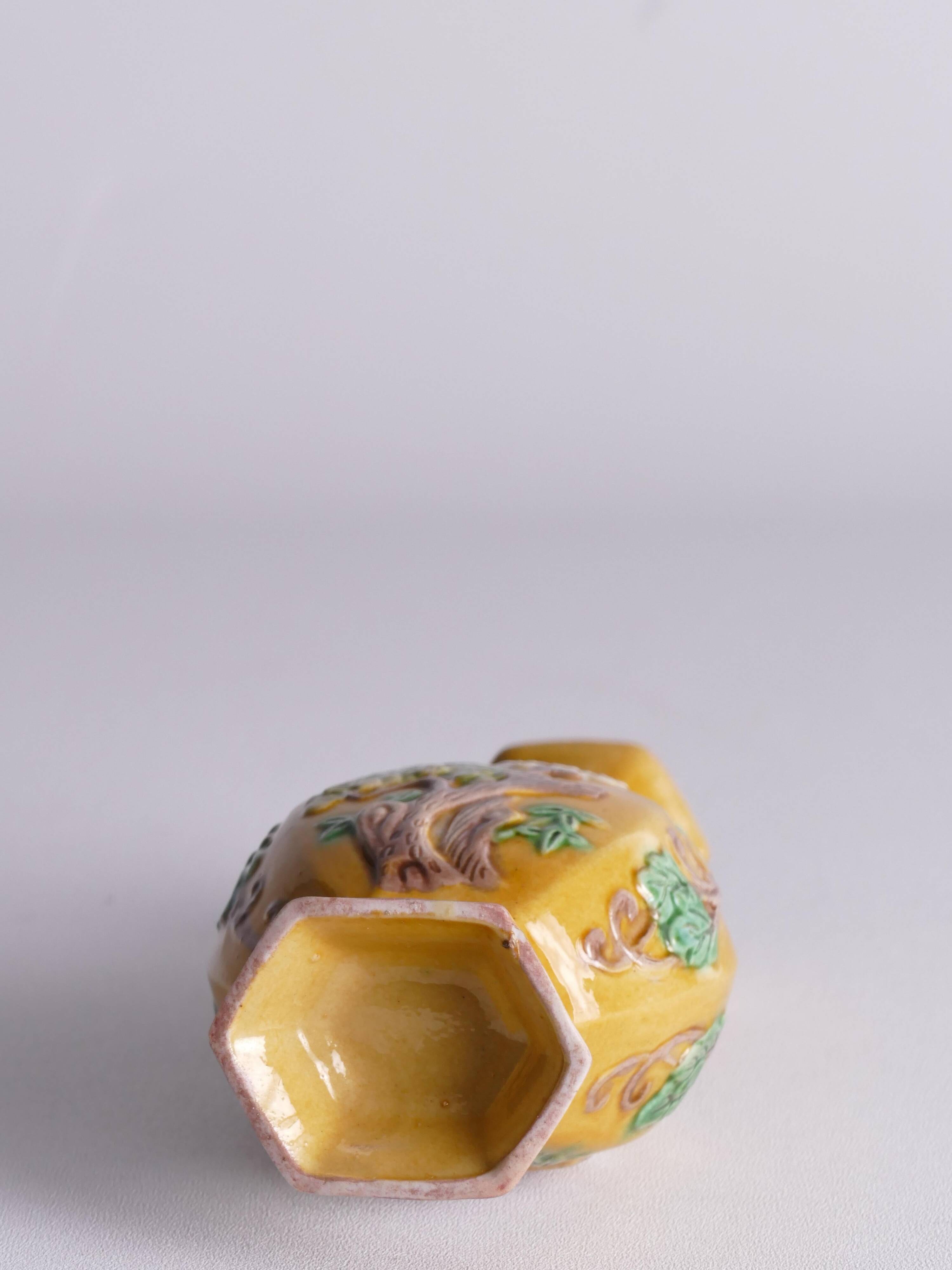 Chinese Yellow Glazed Hexagonal Relief Porcelain Vase with Prunus Motif
