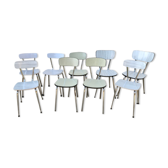 Lot de 9 chaises en formica jaunes et blanches années 70