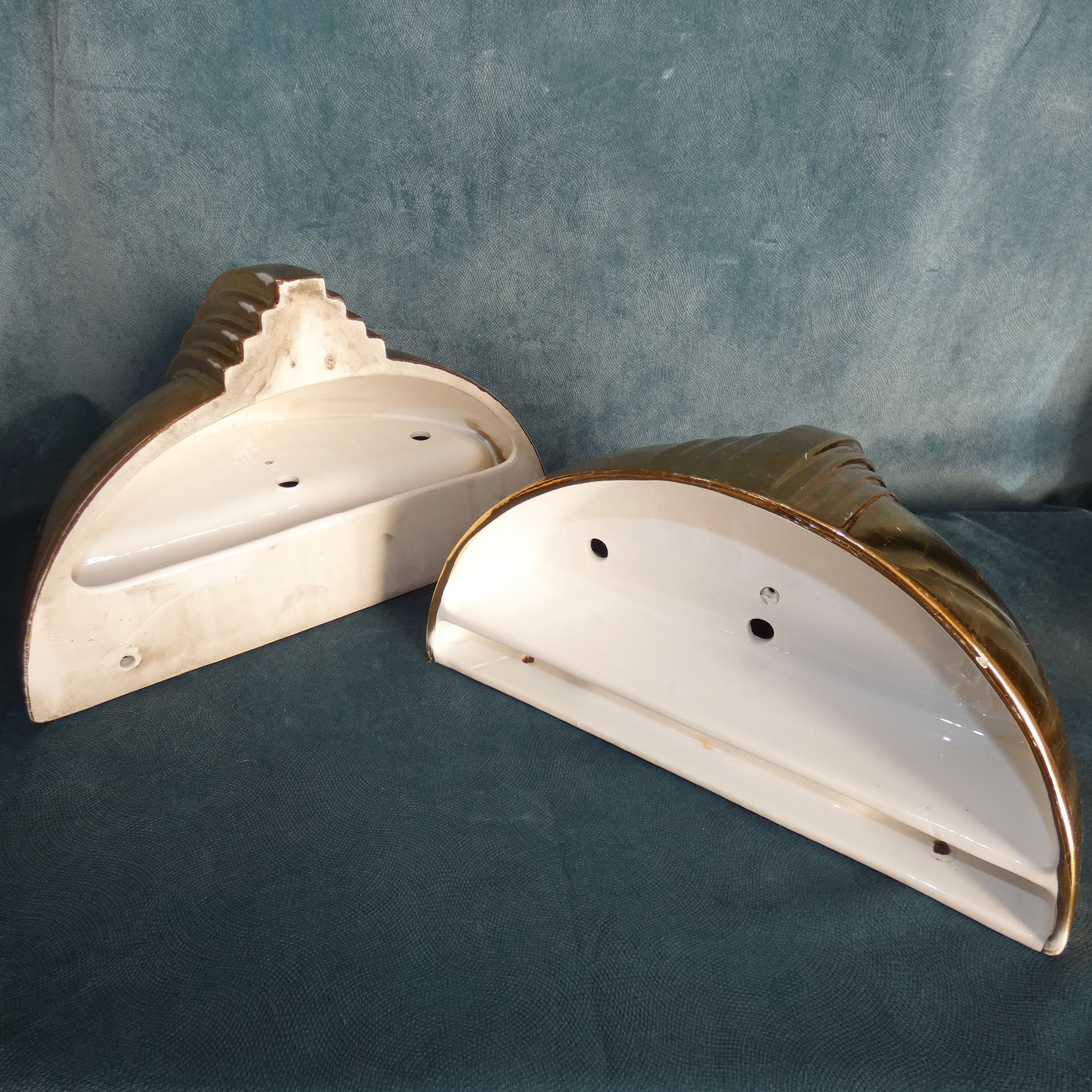 Art deco revival pair of porcelain basin wall lamps golden email circa 1980