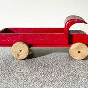 Red wooden flatbed truck, vintage toy
