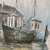 Peinture à l’huile tableau ancien signé port et bateaux
