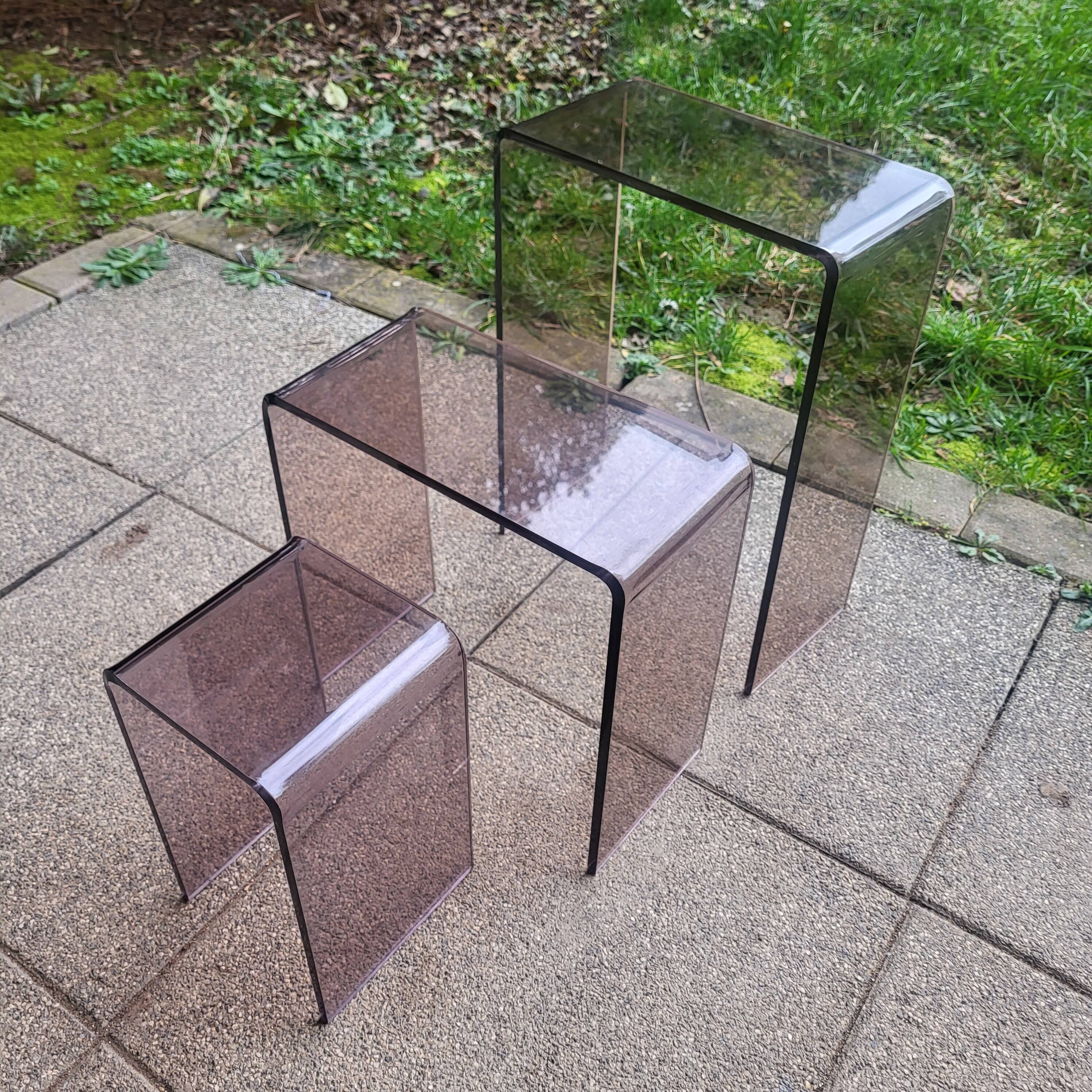 3 side tables, occasional table in smoked plexiglass, 1960s-70s.