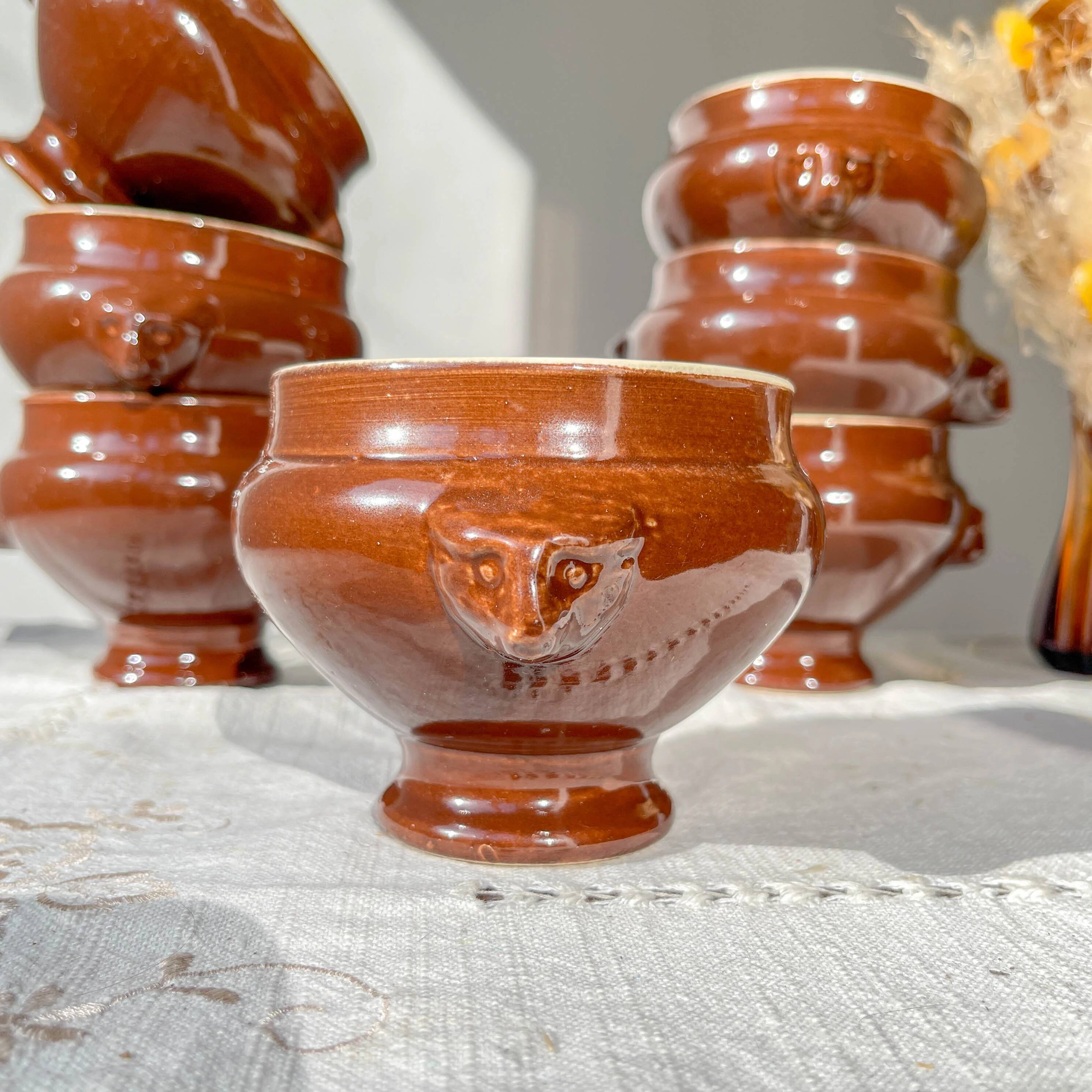 7 vintage Emile Henry ceramic lion head onion soup bowls - brown, made in France