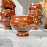 7 vintage Emile Henry ceramic lion head onion soup bowls - brown, made in France