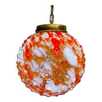 Large red splatter bubble glass hanging lamp by Marinha Grande 1960s