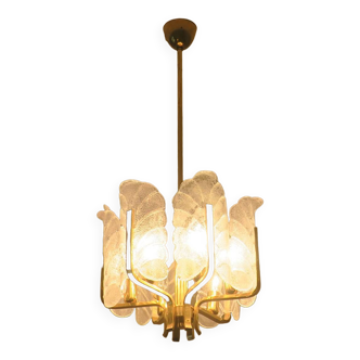 Carl Fagerlund for Orrefors brass and glass acanthus leaf chandelier, Sweden 1960