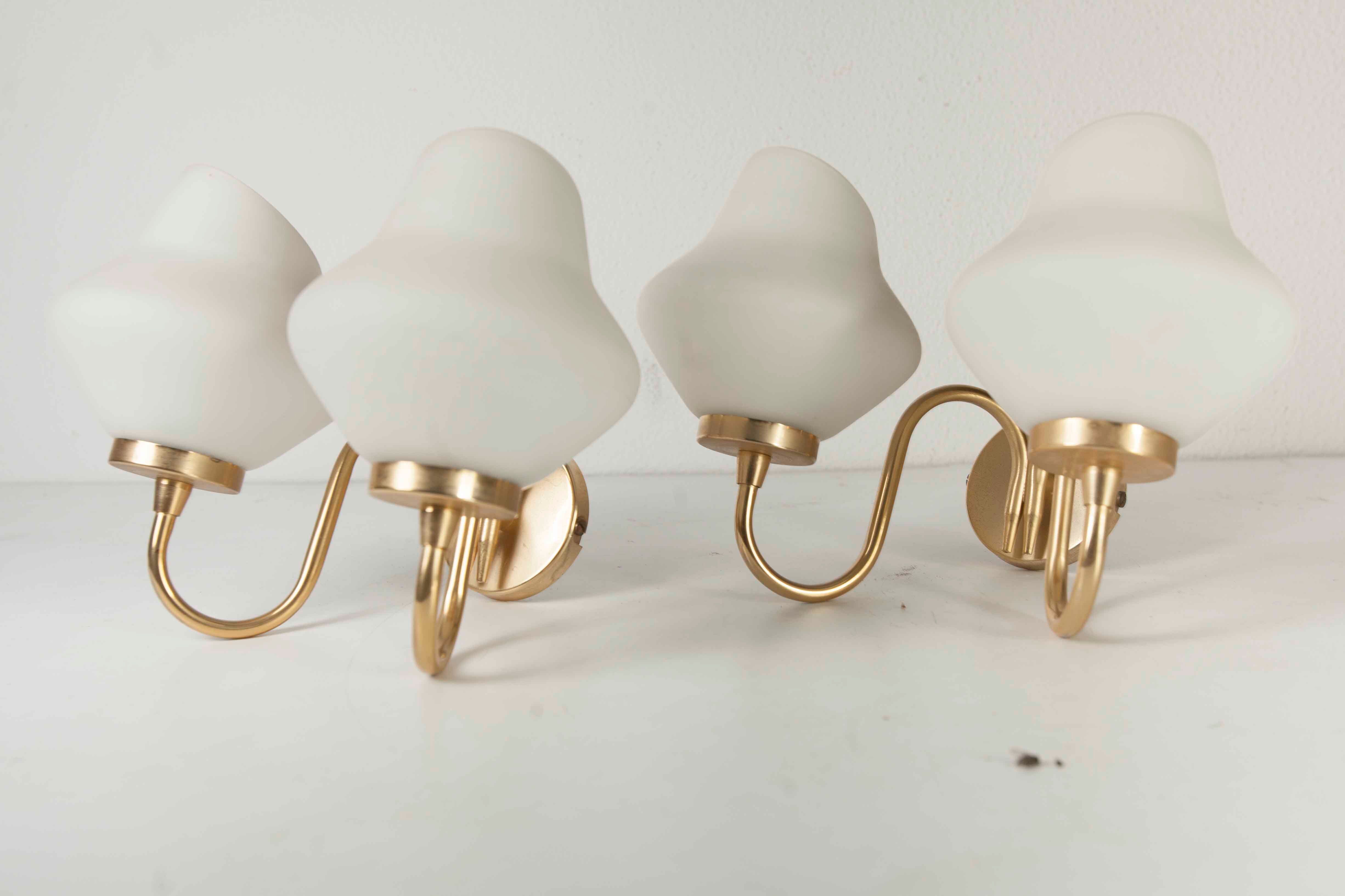 Pair of 60s brass and opaline sconces