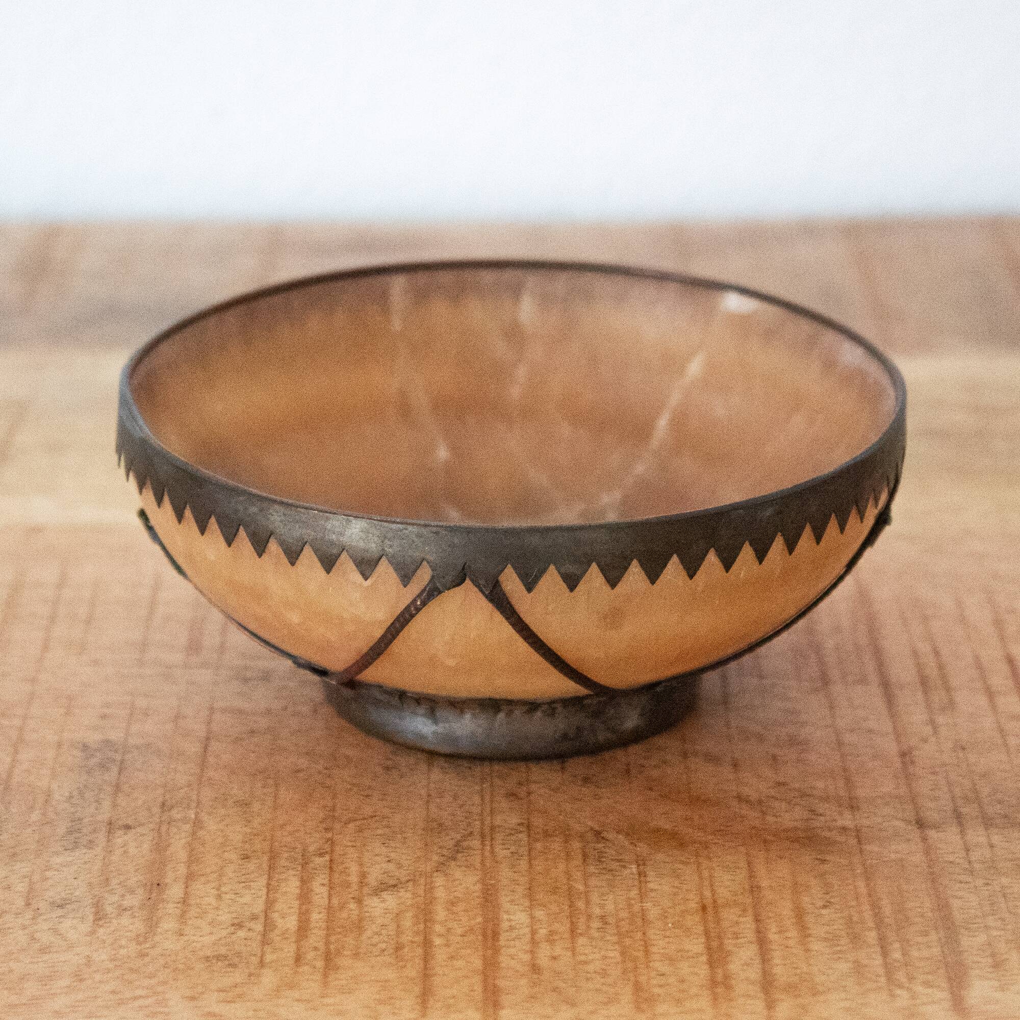 Vintage Oriental Stone Bowl with Metal Dragon and Phoenix Decorations