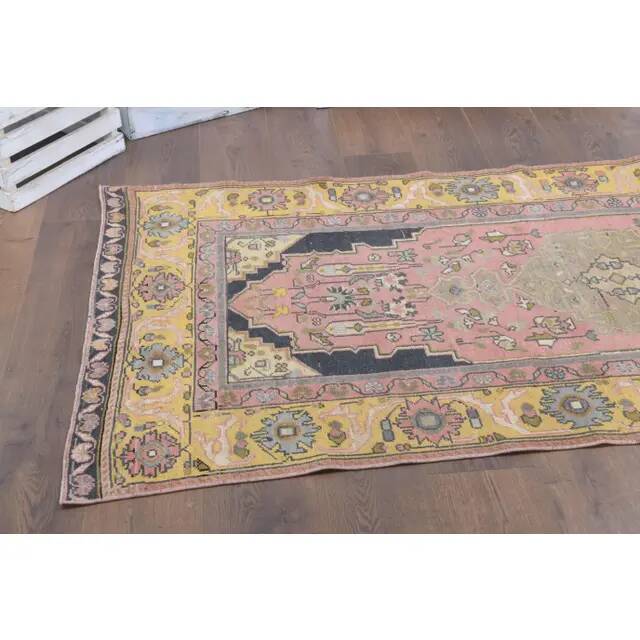 1970s Turkish Oushak Handmade Wool Cotton Pink Area Rug 108x225