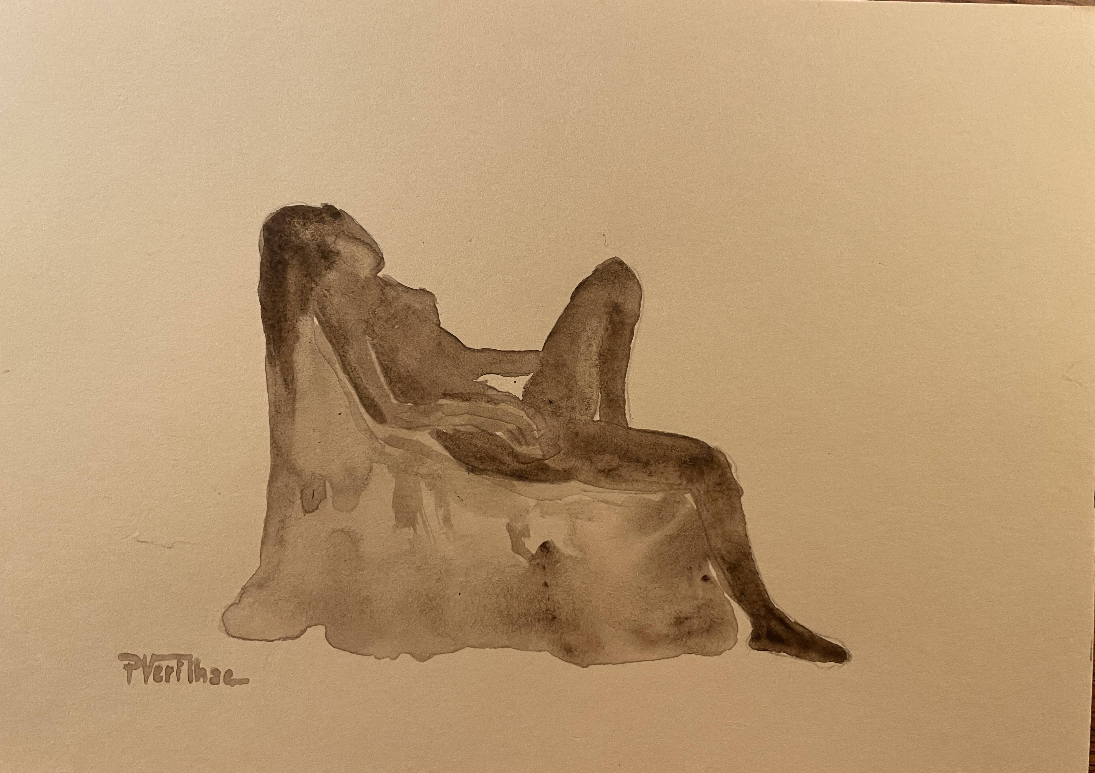 Tableau Aquarelle signé nu féminin au fauteuil