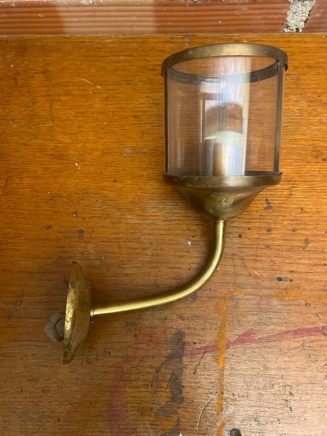 Antique Wall Lamp Lantern Gold Metal + Vintage Glass Cylinder #C528