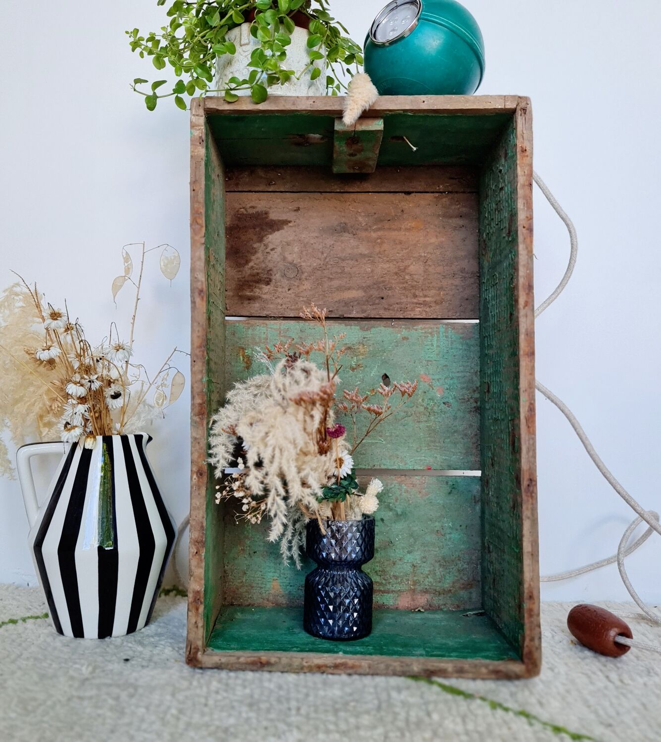 Patinated green wooden box