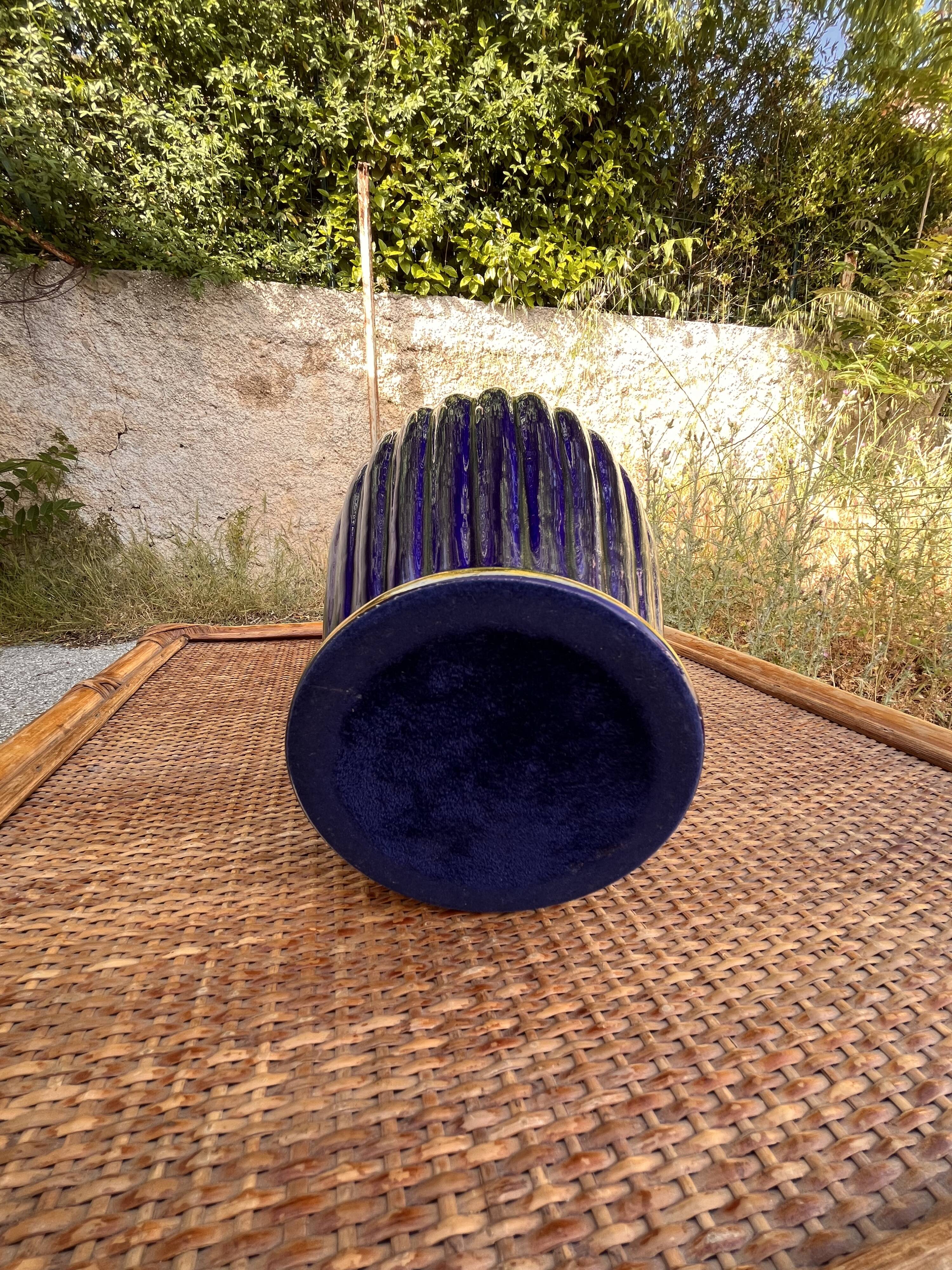 Large Glazed Ceramic Vase in Cobalt Blue with a Gold Trim and a Felt Base