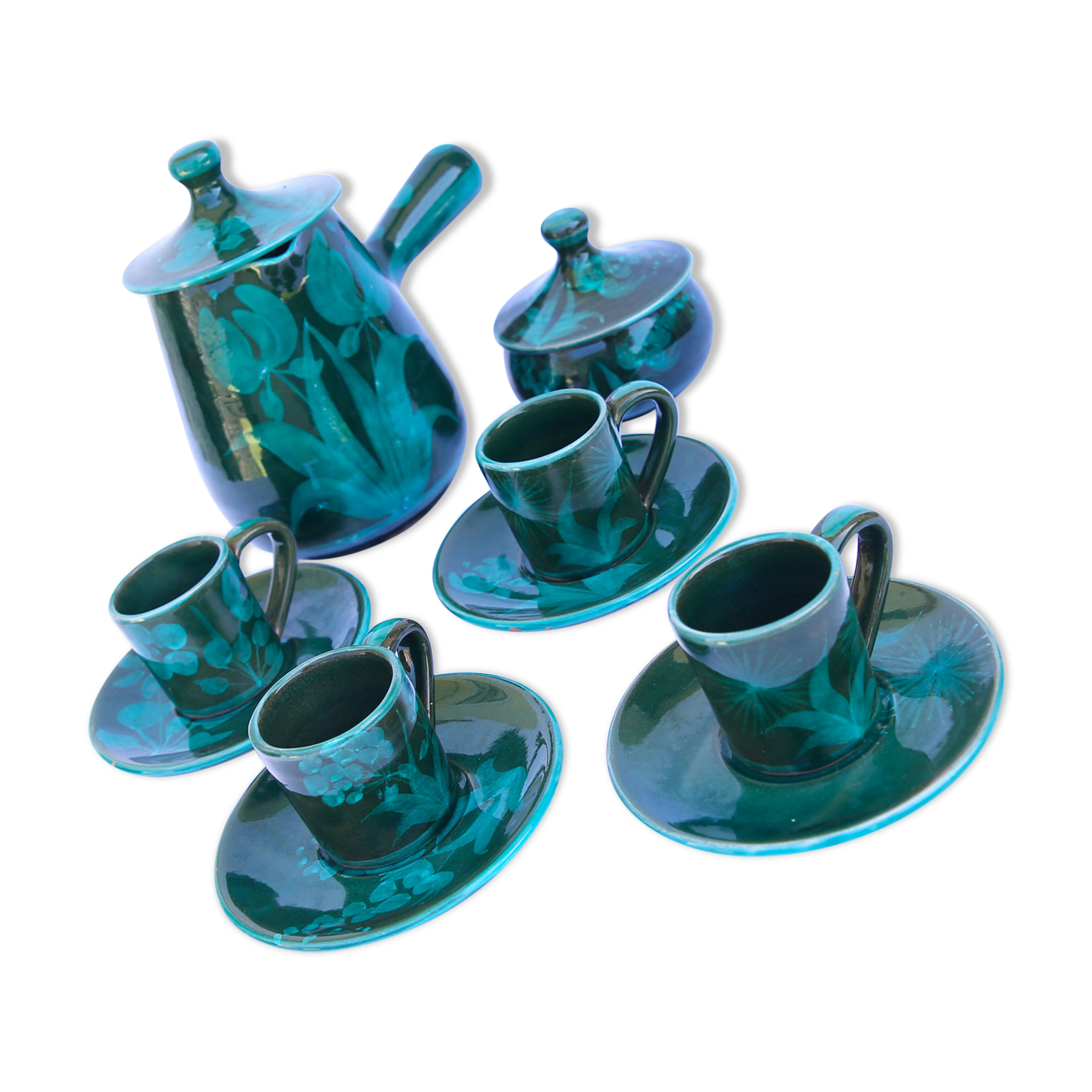 Teapot or chocolatier, its sugar bowl and its 4 cups of Italian ceramic Cerasarda