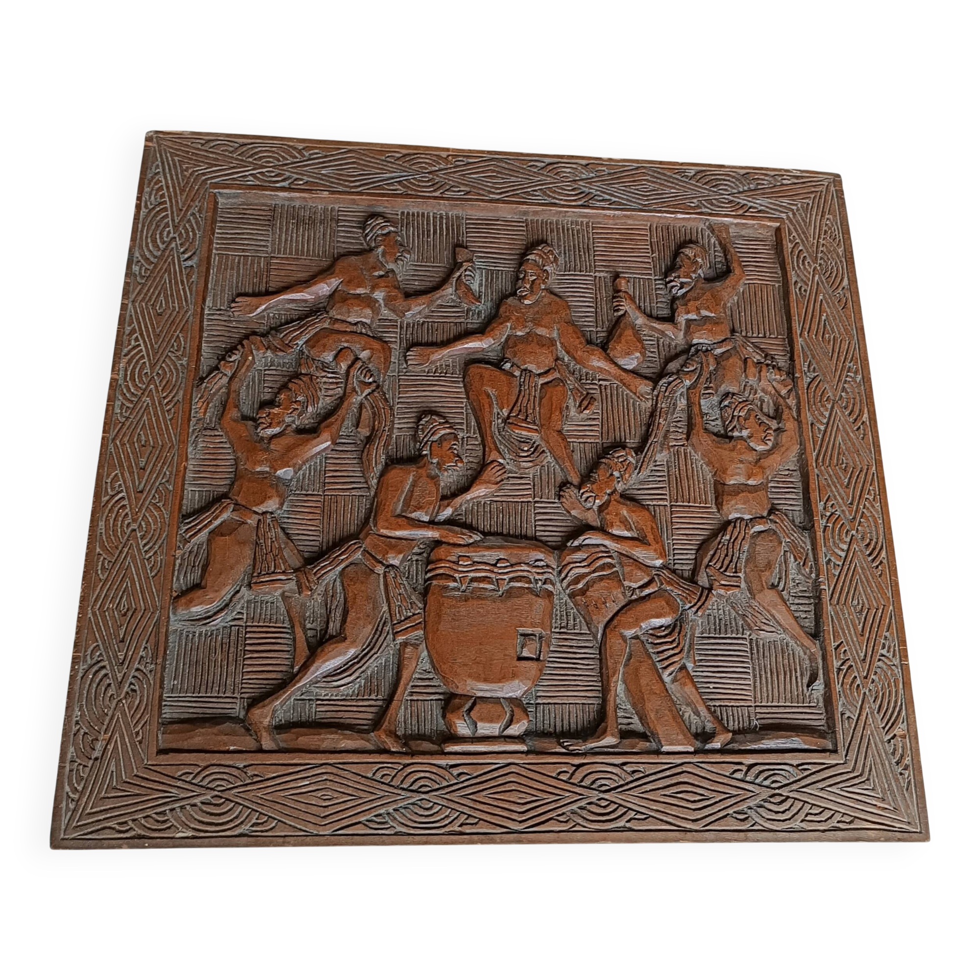 Maurice Sonfack African Tribal Carved Wooden Panel Cameroon