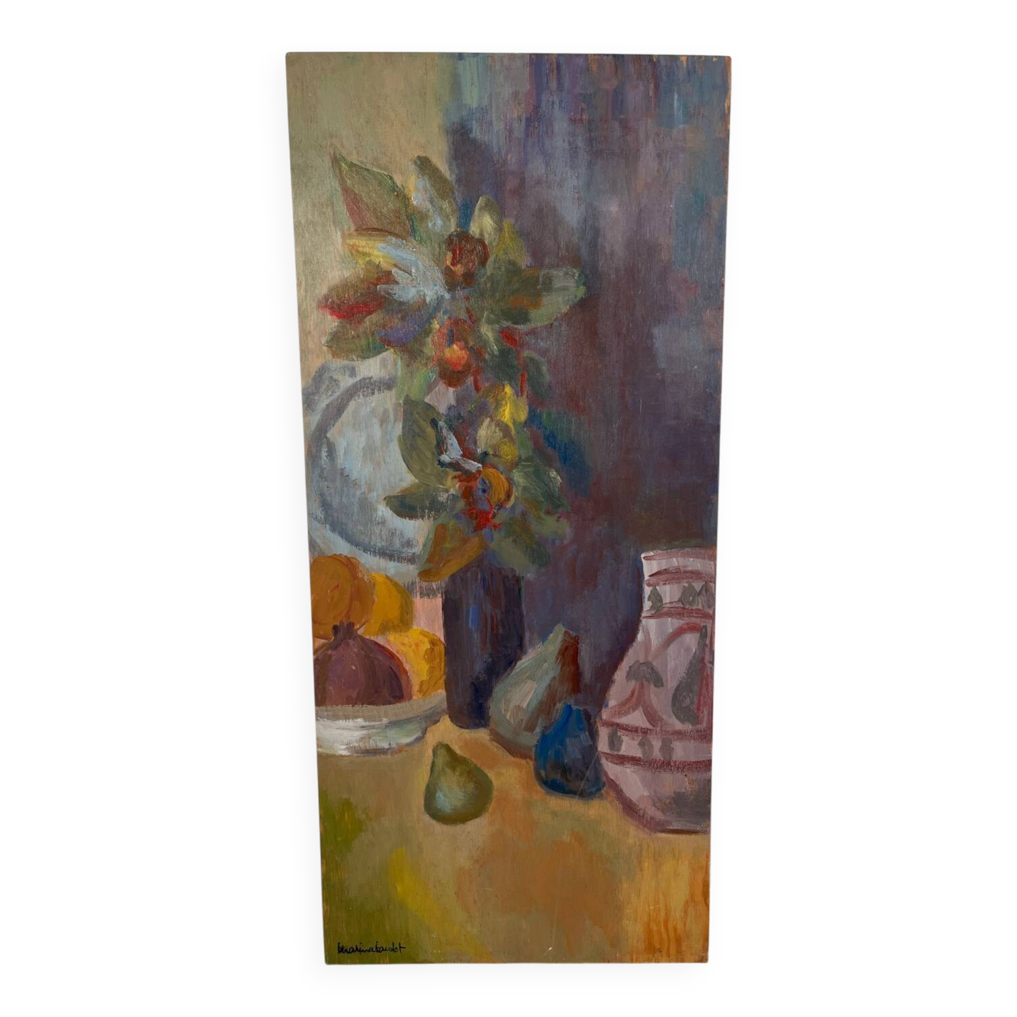 Still life and flowers, oil on panel signed Marina Farolet.