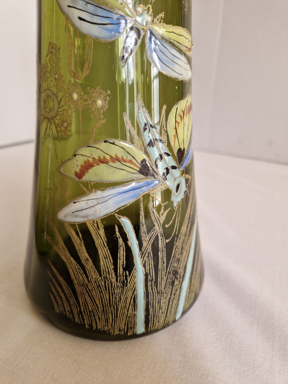 Pair of Enameled Glass Vases with Dragonflies. Unsigned Legras