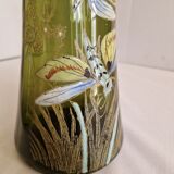 Pair of Enameled Glass Vases with Dragonflies. Unsigned Legras