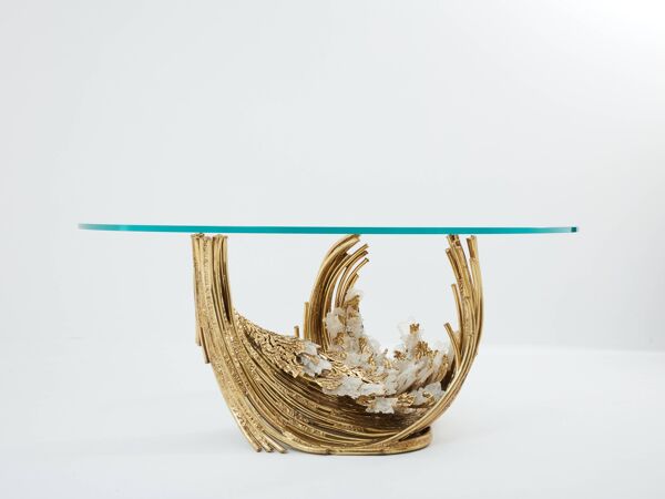 Table à manger sculpture laiton cristaux de roche Isabelle Faure 1970