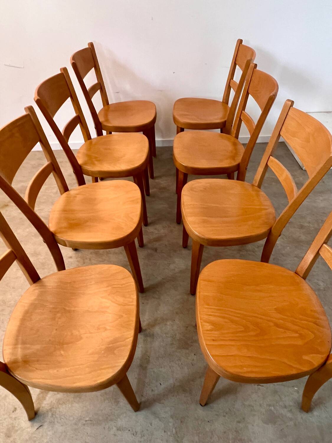 Set of 9 vintage wooden bistro chairs designed by Horgen Glarus