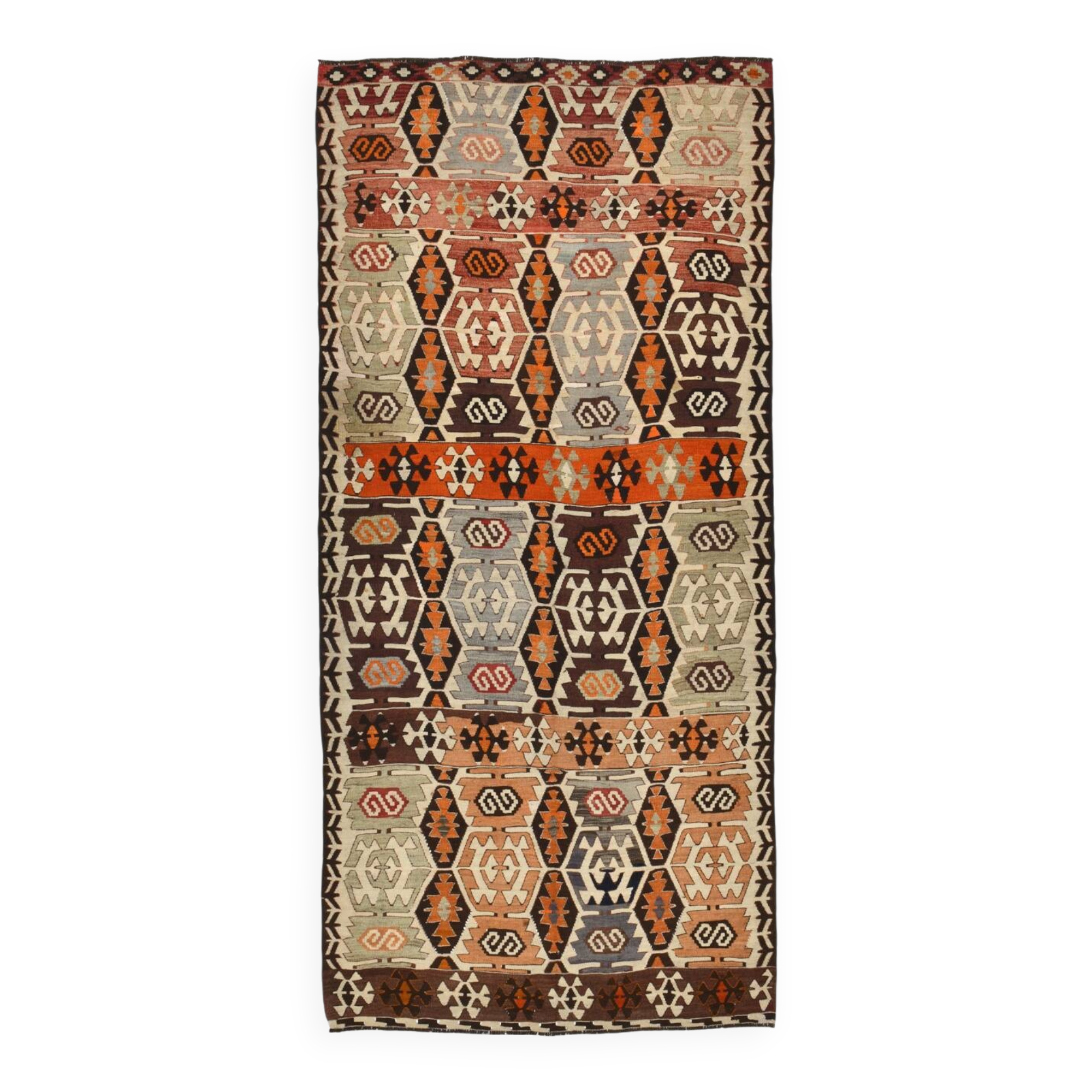 Light Green & Orange Tribal Turkish Kilim Rug, 141x305Cm