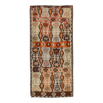Light Green & Orange Tribal Turkish Kilim Rug, 141x305Cm
