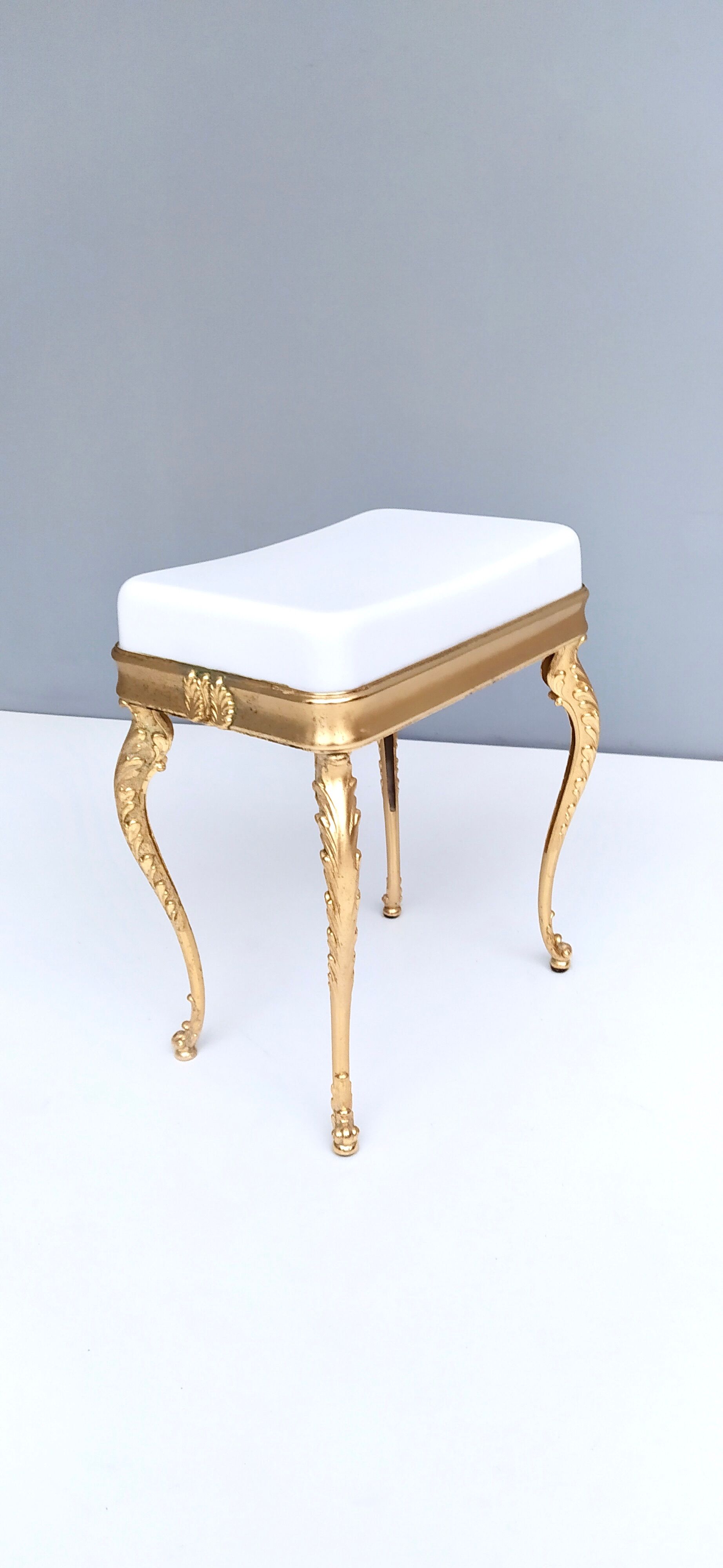 Midcentury White Plastic Seat Ottoman with Cast Brass Legs, Italy